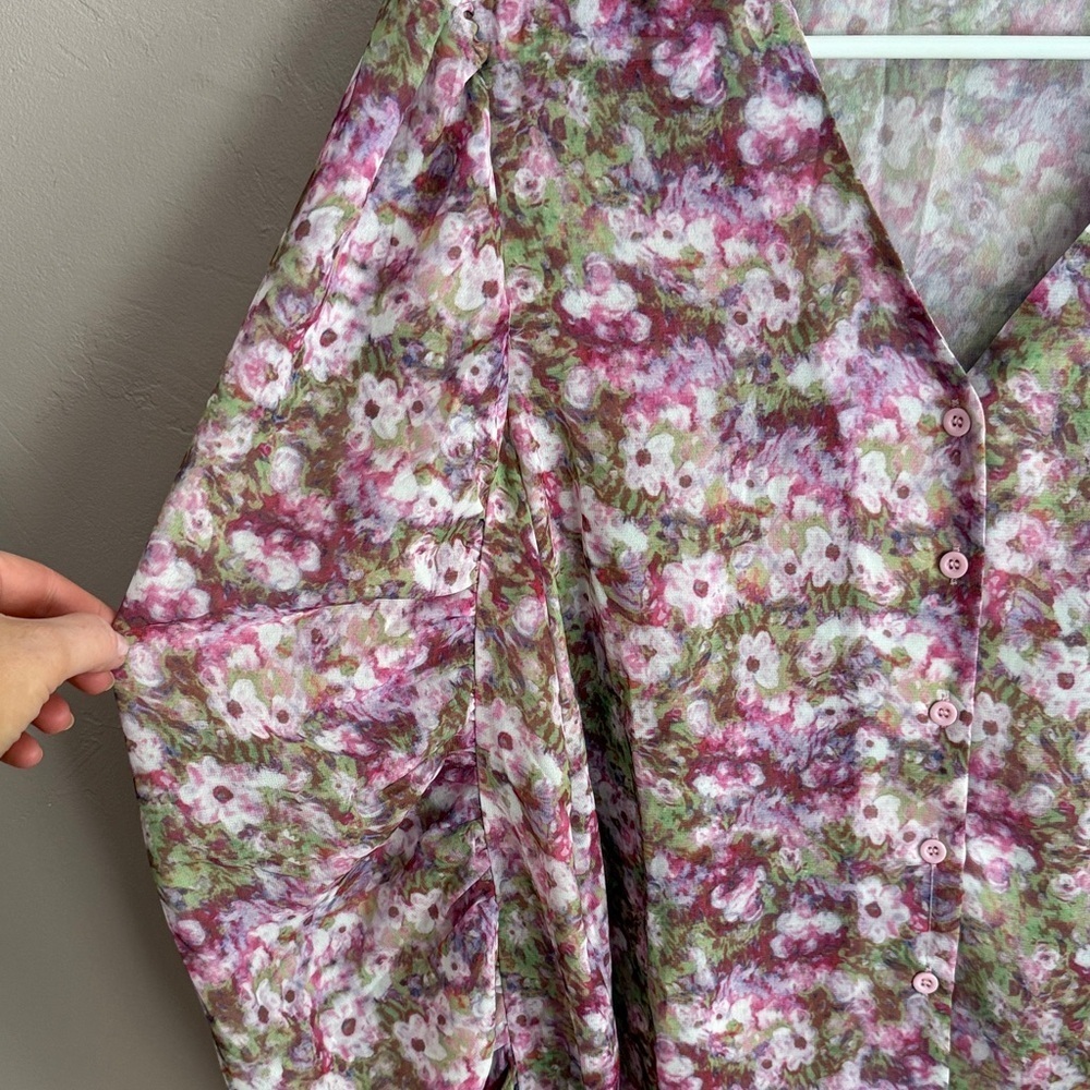 Floral Button-up Blouse - Pink and Green with Puff Sleeves, Size Large - Picture 3 of 5